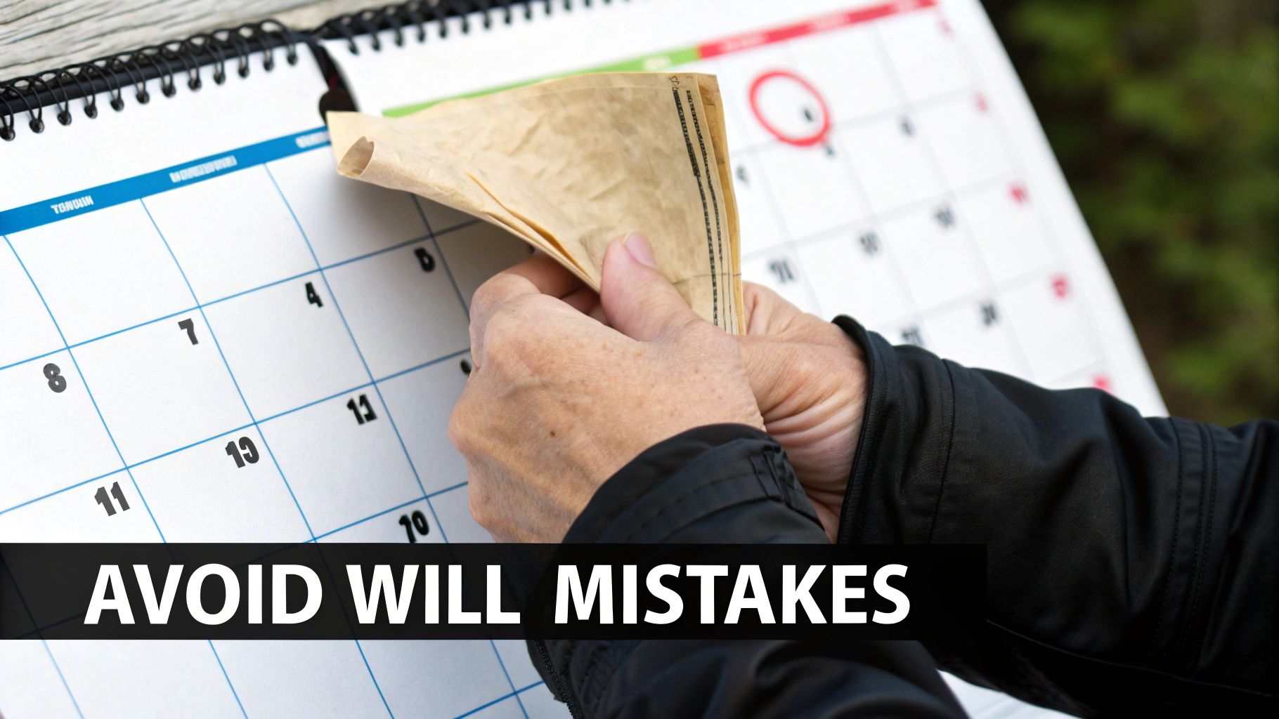 Hands turn a page on a desk calendar, an important date circled in red, with 'AVOID WILL MISTAKES' text.