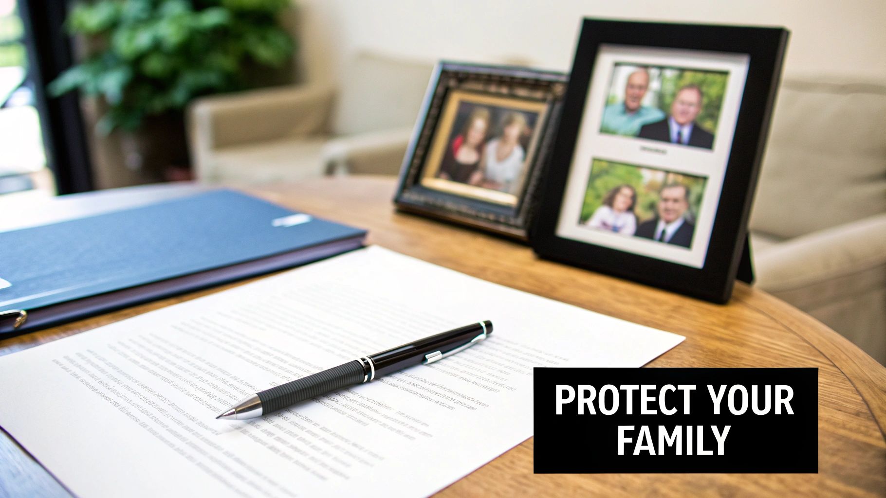 A pen on legal documents, a folder, and framed family photos on a wooden table, with text 'PROTECT YOUR FAMILY'.