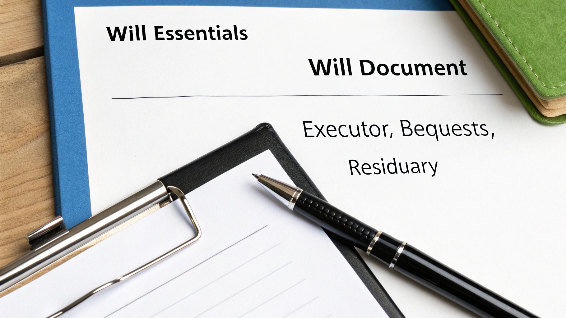 Close-up of a legal document discussing will essentials, executors, bequests, and residuary terms with a pen.
