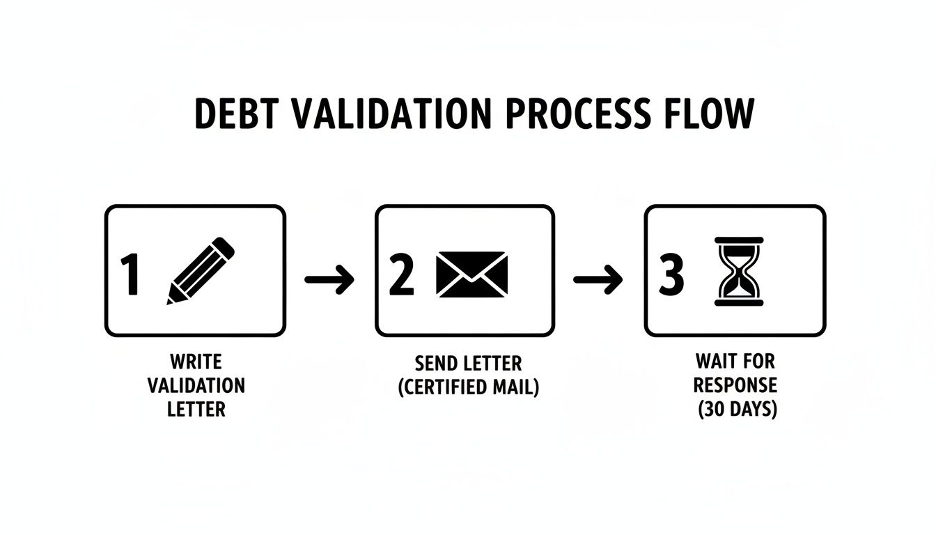 A three-step flowchart demonstrating the debt validation process, from writing to waiting for a response.