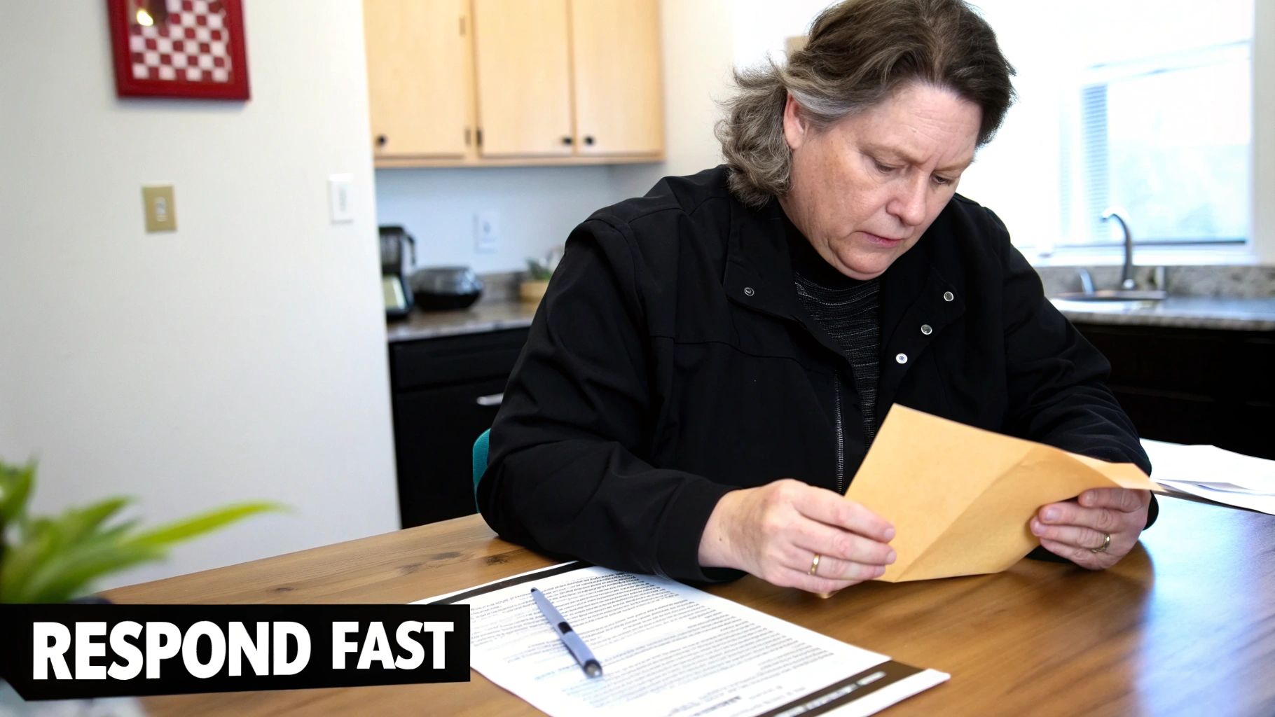 A woman intently reads documents from a brown envelope at a wooden kitchen table.