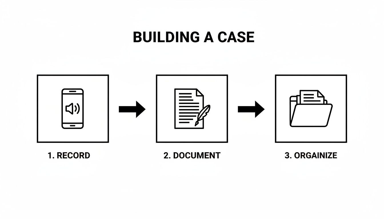 Infographic illustrating three steps for building a case: record, document, and organize evidence.