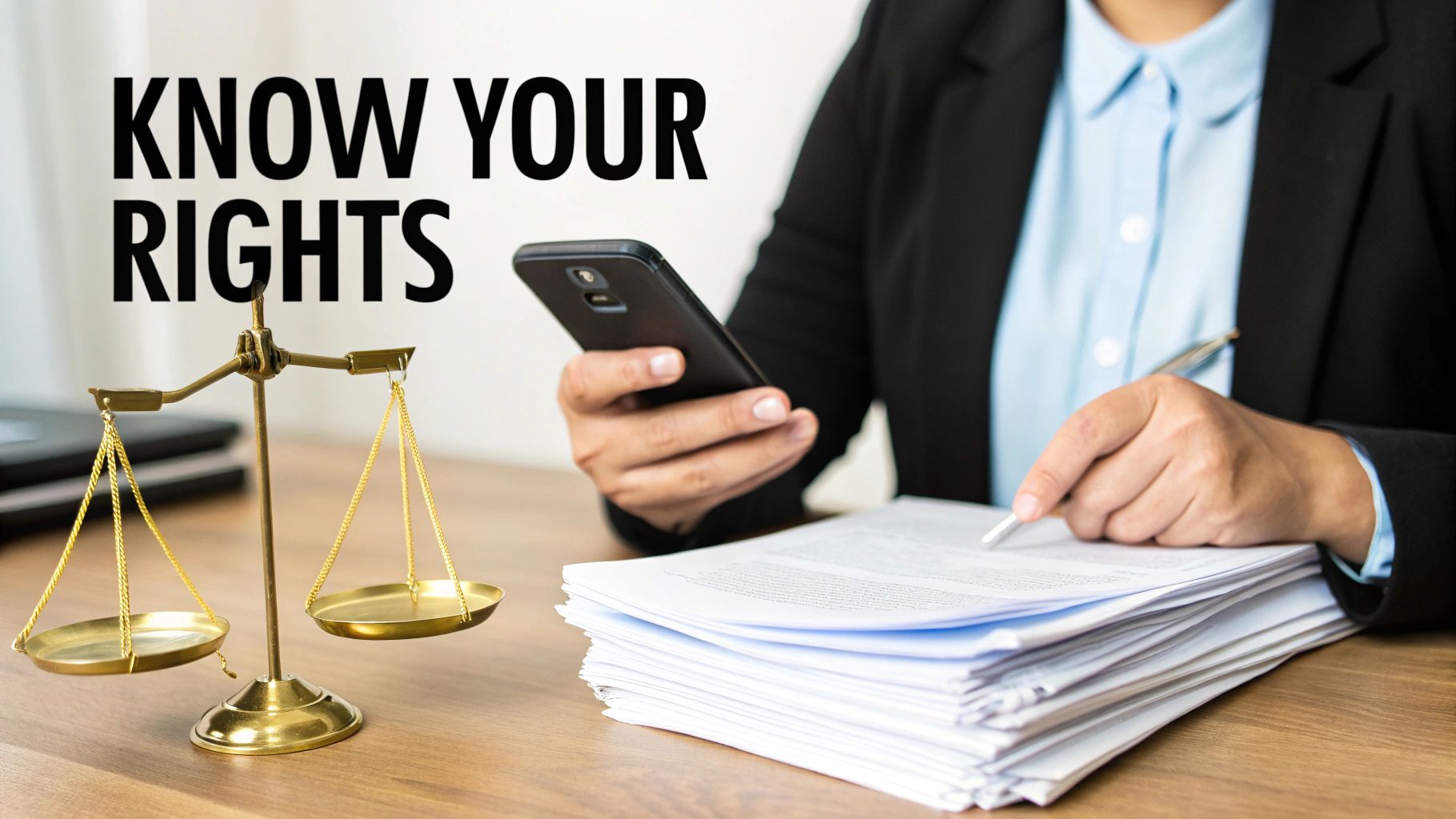 A person, likely a lawyer, reviews documents, holds a smartphone, with scales of justice and "KNOW YOUR RIGHTS" text.