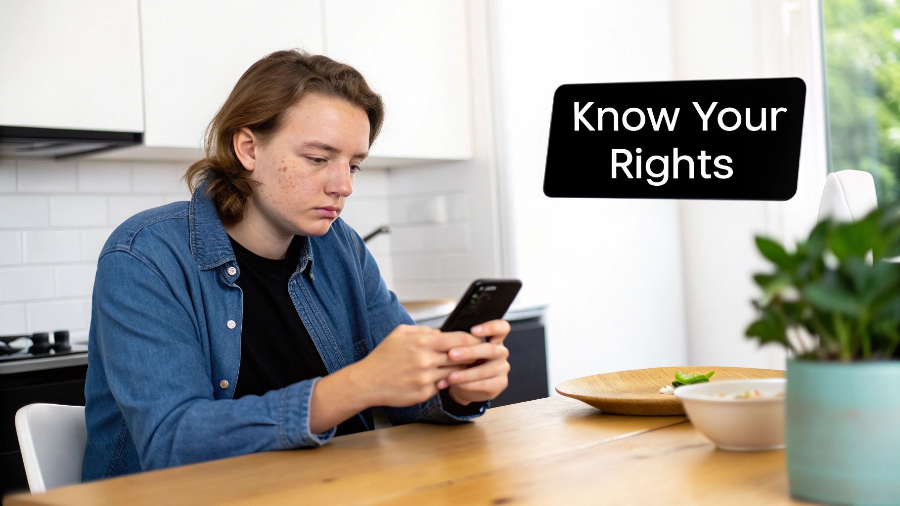 A young person uses a smartphone at a wooden table with 'Know Your Rights' text overlay.