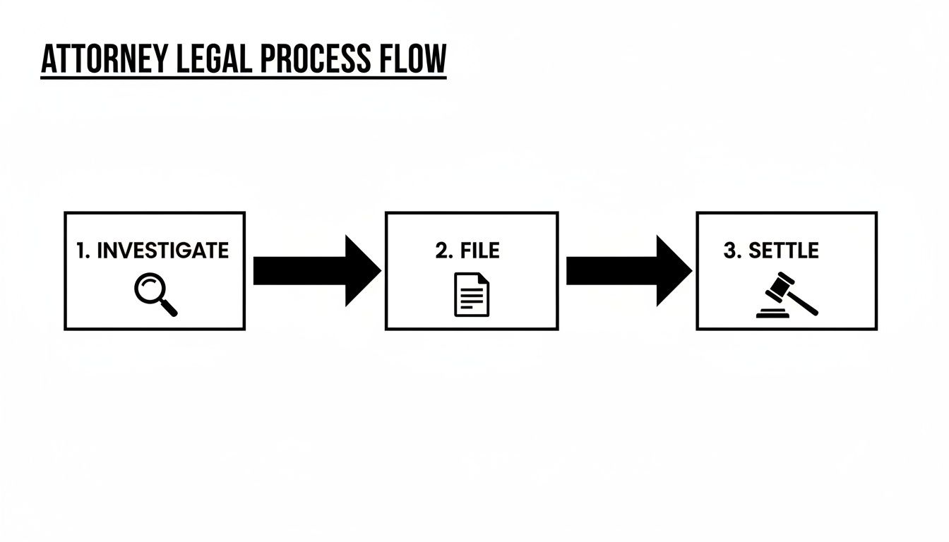 Attorney legal process flow diagram showing steps: investigate, file, and settle with icons.