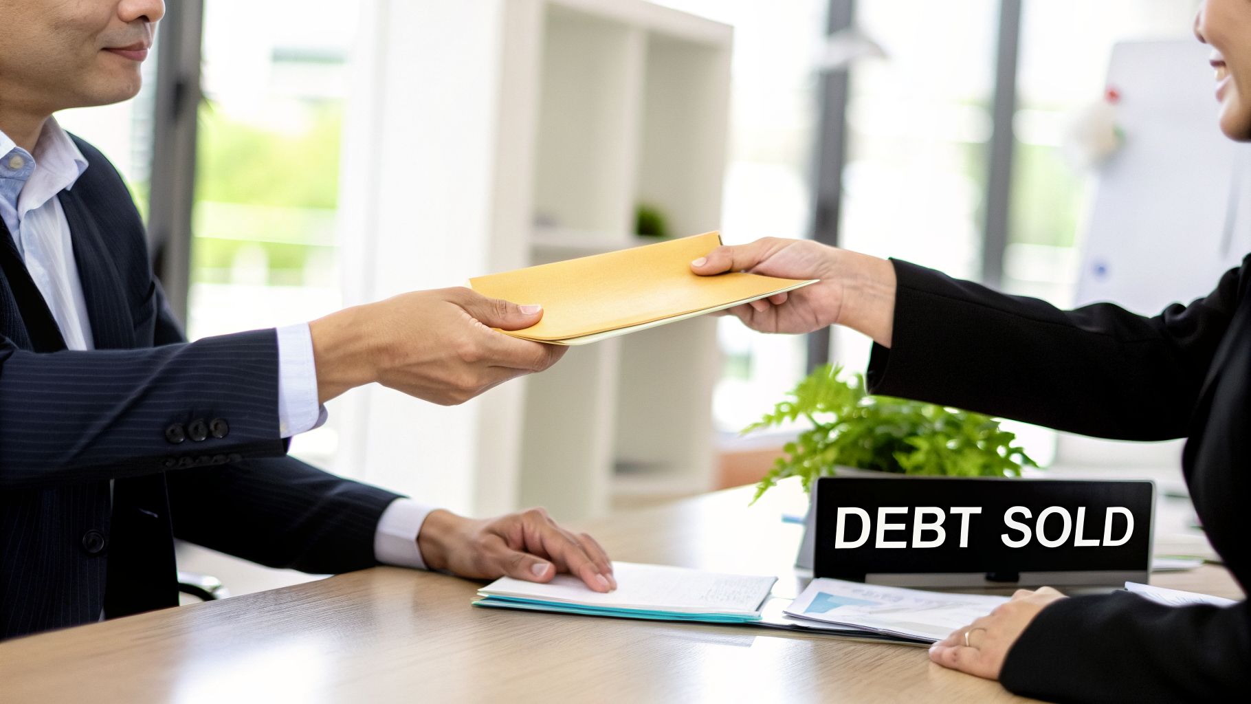 Two business professionals exchanging a document across a desk with a 'DEBT SOLD' sign.
