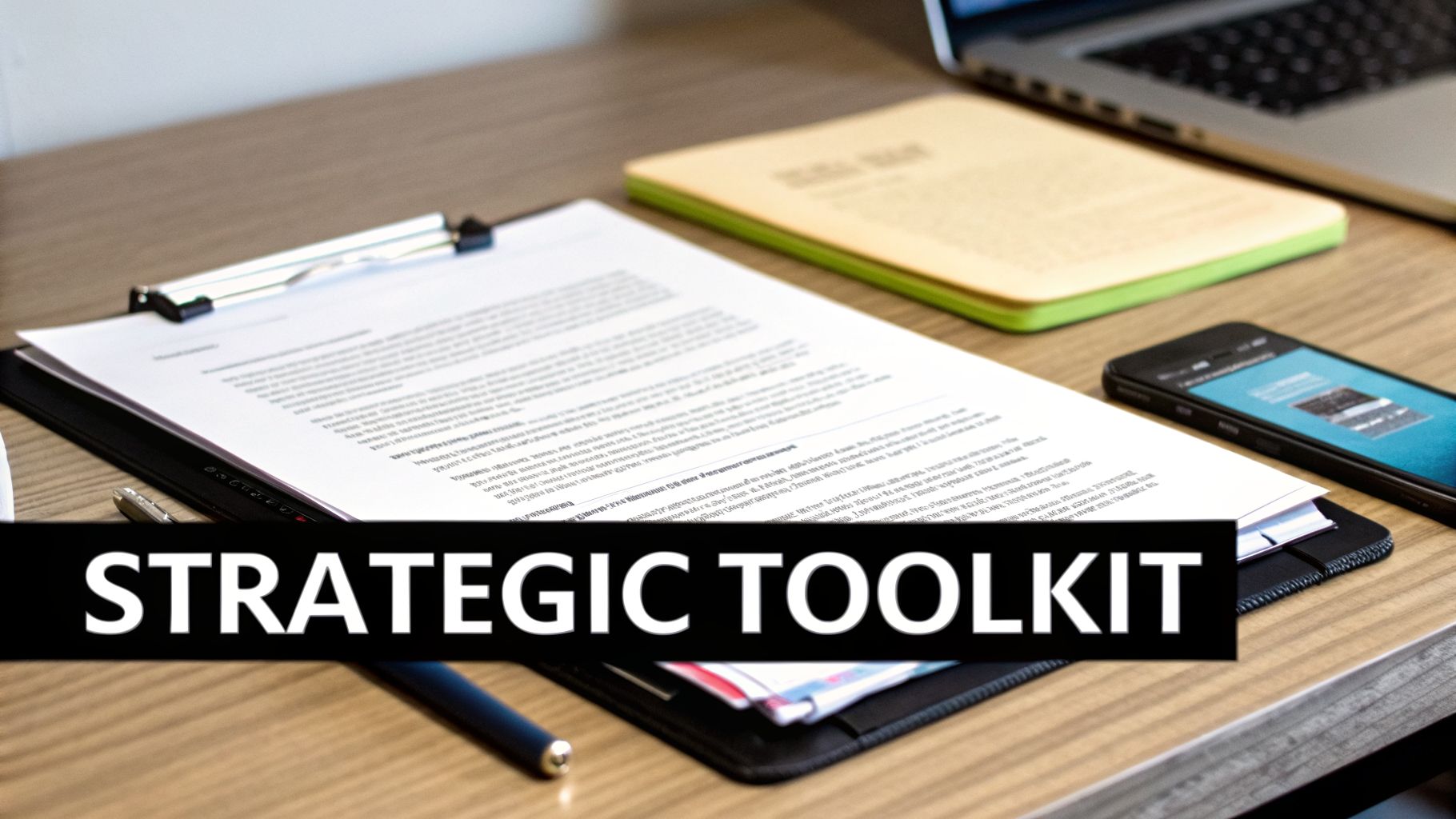 A professional desk setup with documents, a pen, a smartphone, and a laptop, featuring a 'STRATEGIC TOOLKIT' banner.