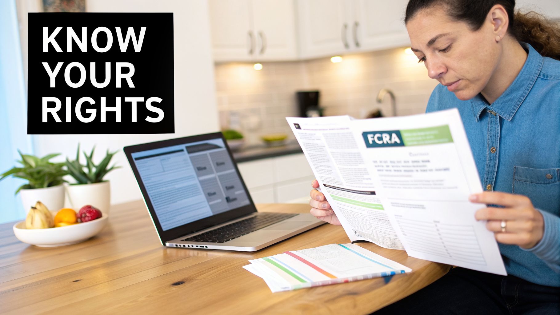 A woman reads an FCRA document at a kitchen table with a laptop, highlighting the 'Know Your Rights' message.