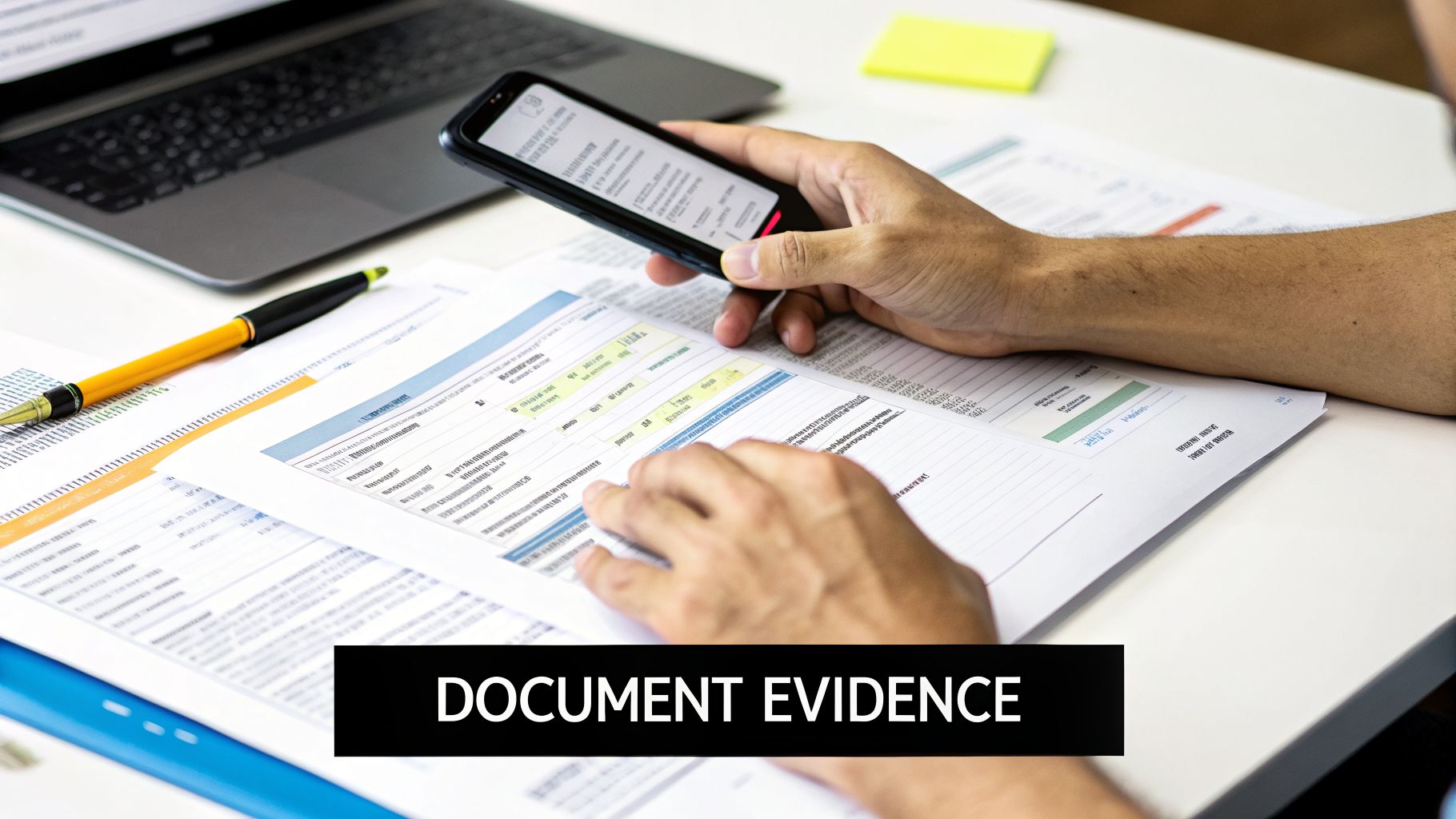 A person's hands interact with a smartphone and financial documents on a white desk, with a laptop.