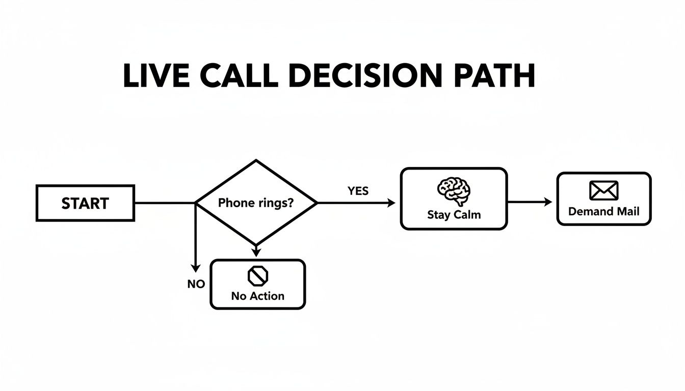 A flowchart illustrating a 'Live Call Decision Path,' showing steps from 'START' to 'Demand Mail' or 'No Action'.