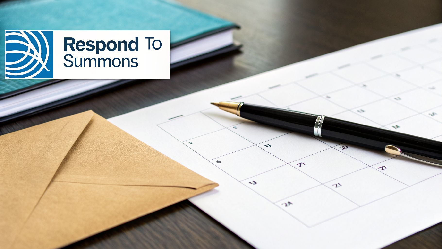 A 'Respond To Summons' logo next to a calendar, pen, and envelope, symbolizing legal deadlines.