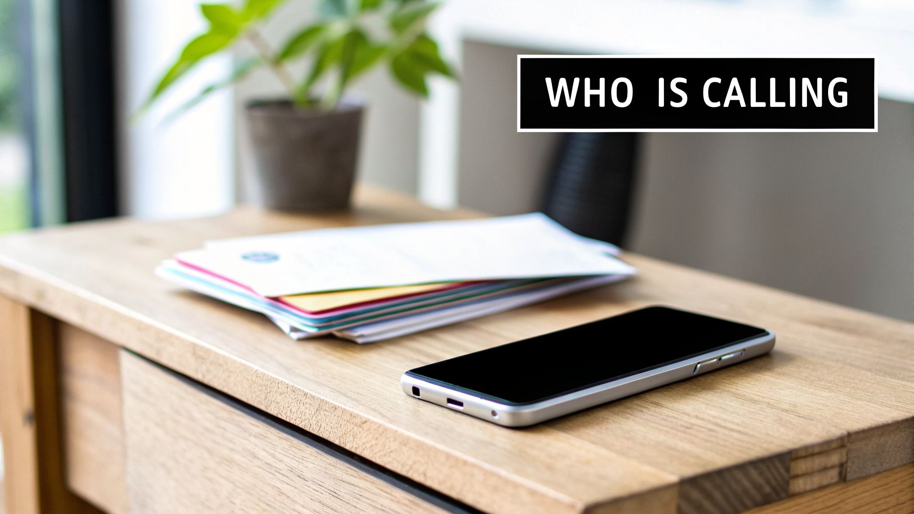 A smartphone and stack of documents on a wooden desk with a 'WHO IS CALLING' text.