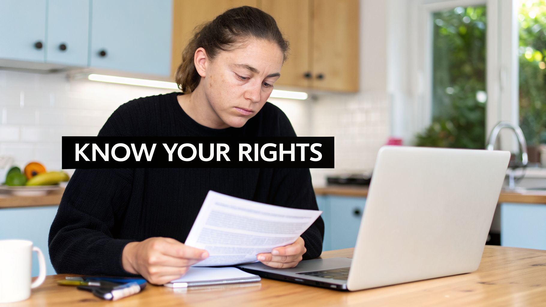 A focused woman reviews important documents at a table with a laptop, learning her rights.