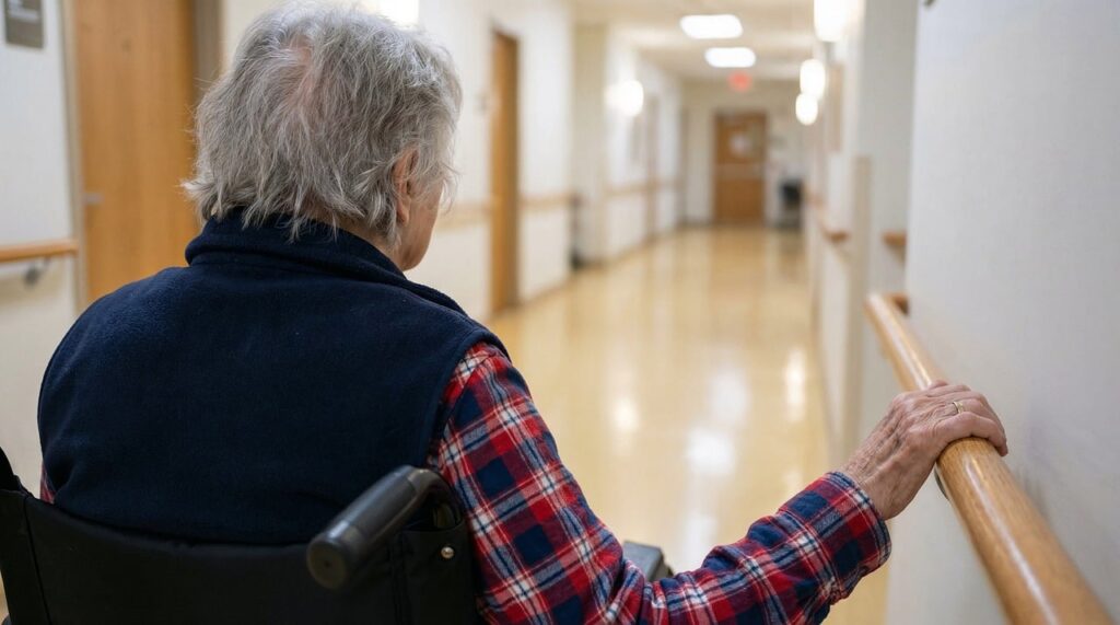senior, elderly, wheelchair, corridor, hallway, nursing home, assisted living, railing, handrail, institutional, long-term care, patient, resident, plaid shirt, back view, aging, grey hair, perspective, medical, support, ai generated