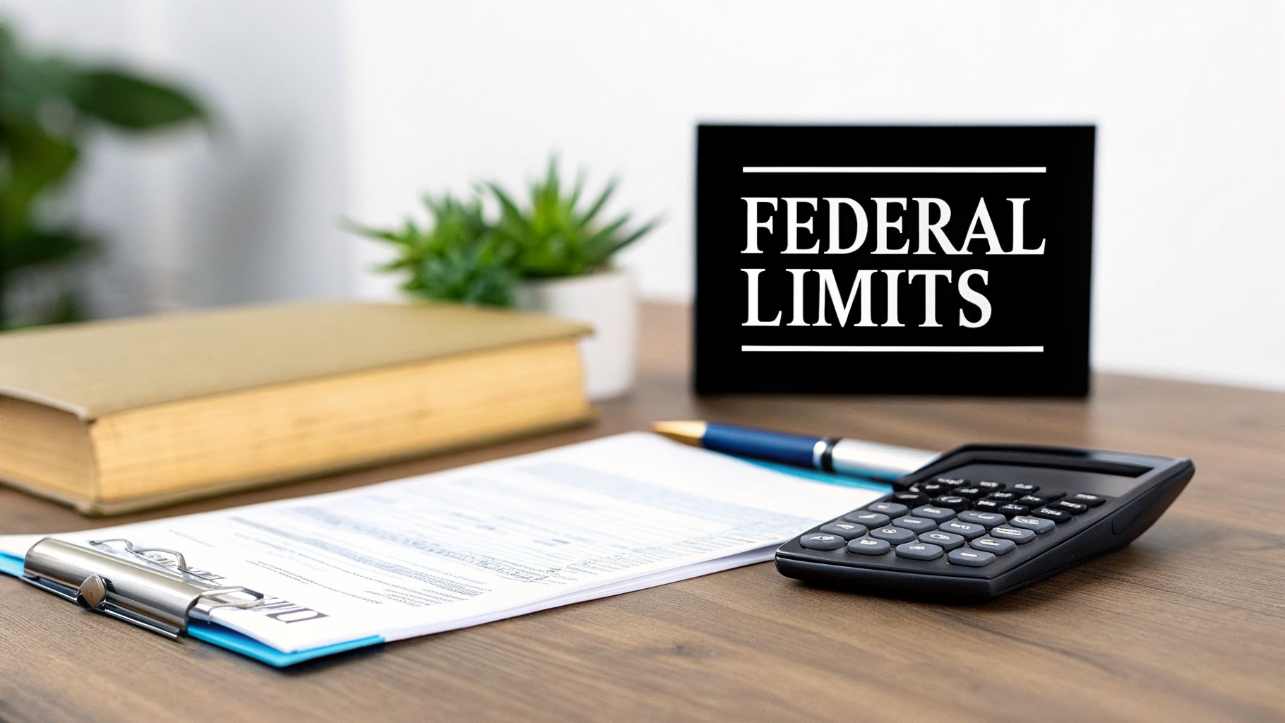 A desk setup with a 'FEDERAL LIMITS' sign, calculator, pen, and financial documents, symbolizing regulations.