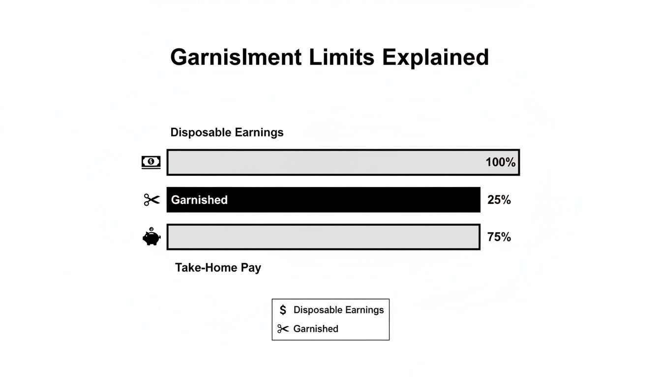 Infographic explaining wage garnishment limits, showing 25% garnished from 100% disposable earnings, leaving 75% take-home pay.