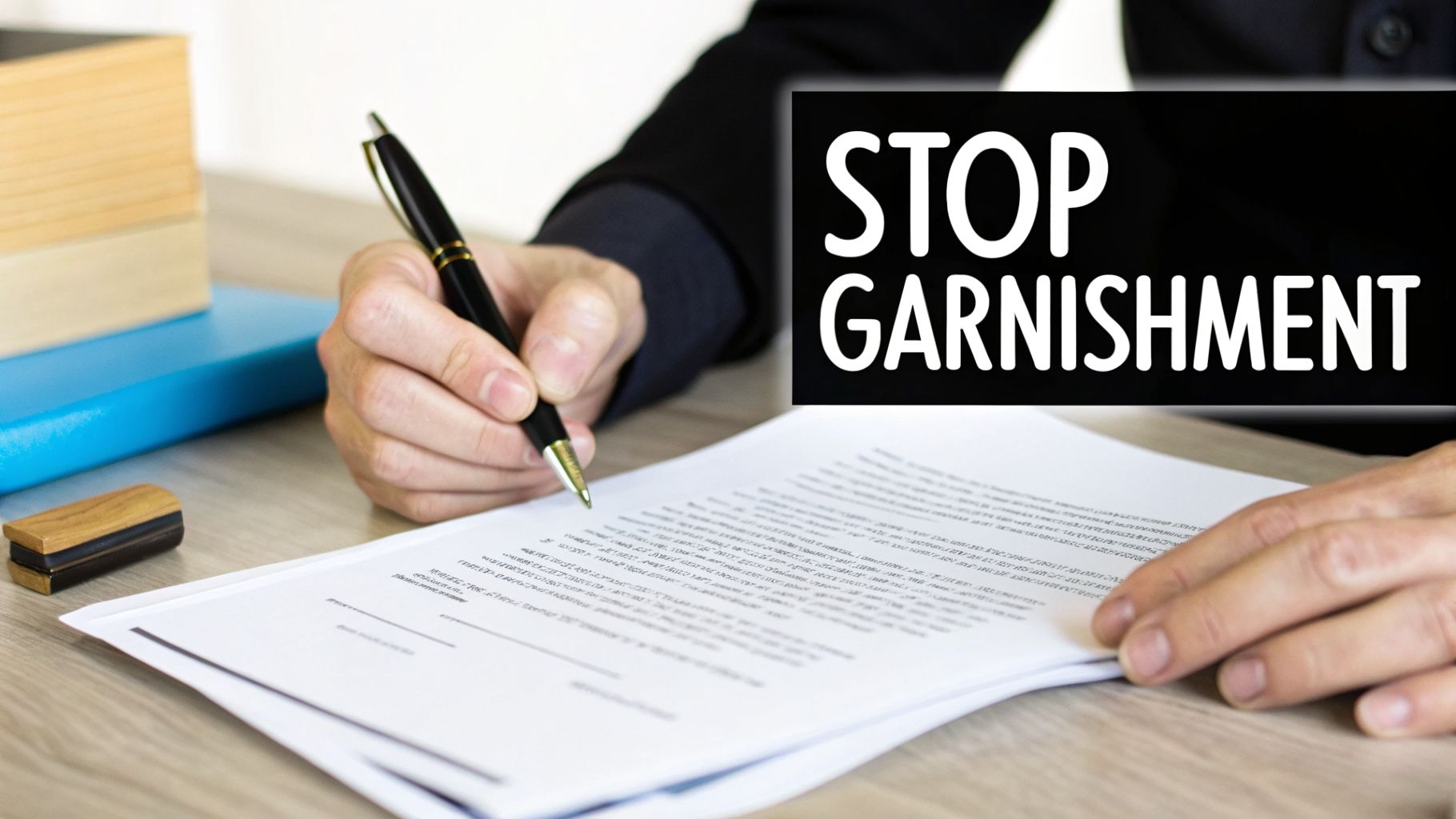 A person in a suit signs legal documents with a pen, next to a sign that reads 'STOP GARNISHMENT'.