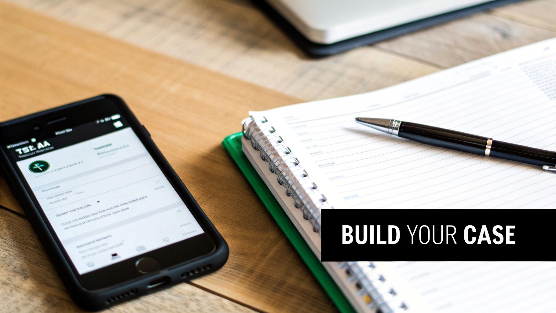 A professional flat lay of a smartphone, open notebook, and pen on a wooden desk, emphasizing "BUILD YOUR CASE".