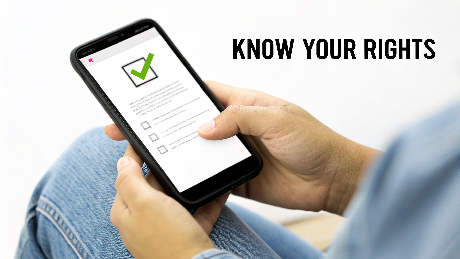 A person holding a smartphone displaying a checklist with a green checkmark and 'KNOW YOUR RIGHTS' text.