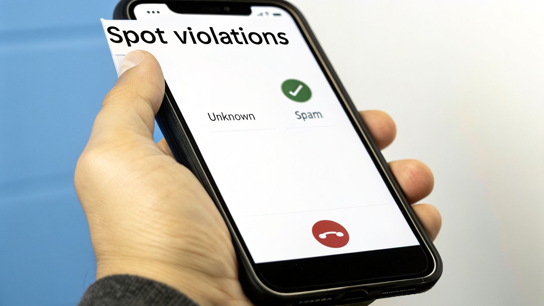 A hand holds a smartphone showing a spam call screen with options 'Unknown' and 'Spam', with a 'Spot violations' note.