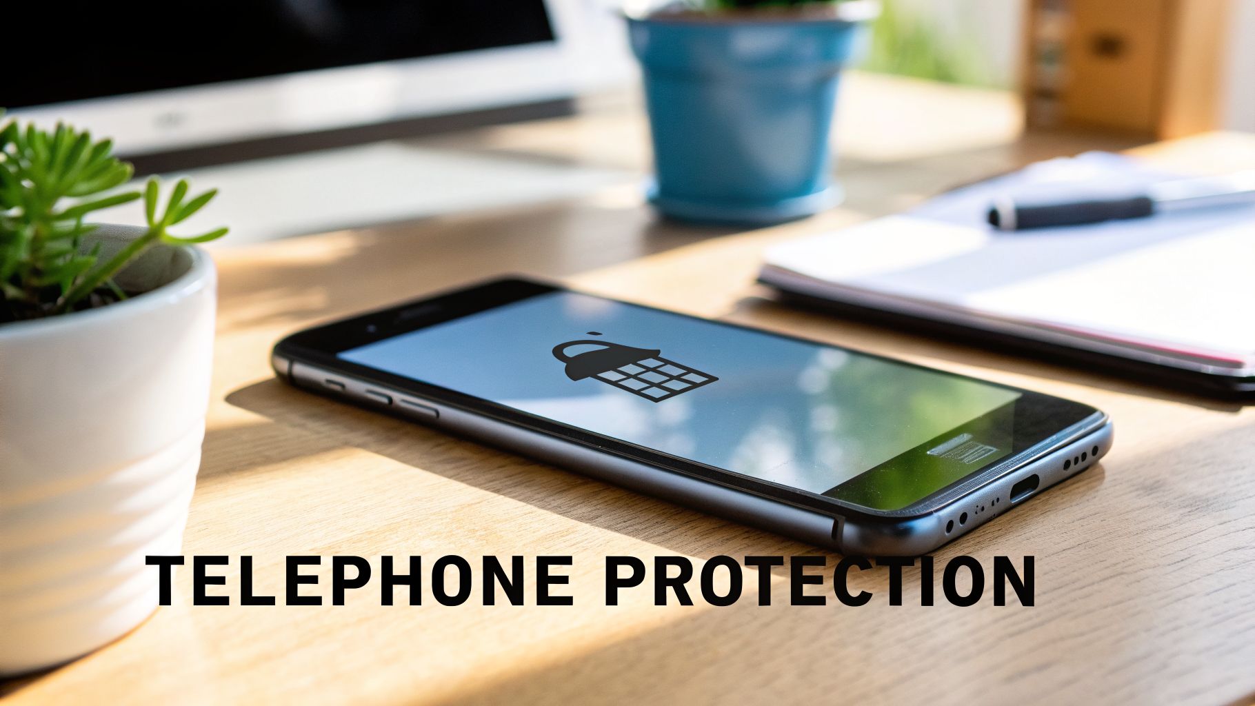 A smartphone on a wooden desk displays a lock icon, symbolizing telephone protection and security.