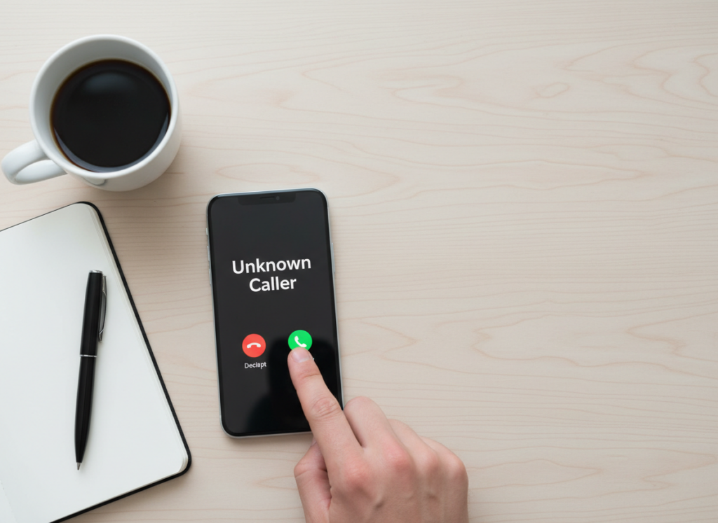 Phone screen shows Unknown Caller as a finger taps the green answer button on a workspace with coffee, notebook, and pen nearby.