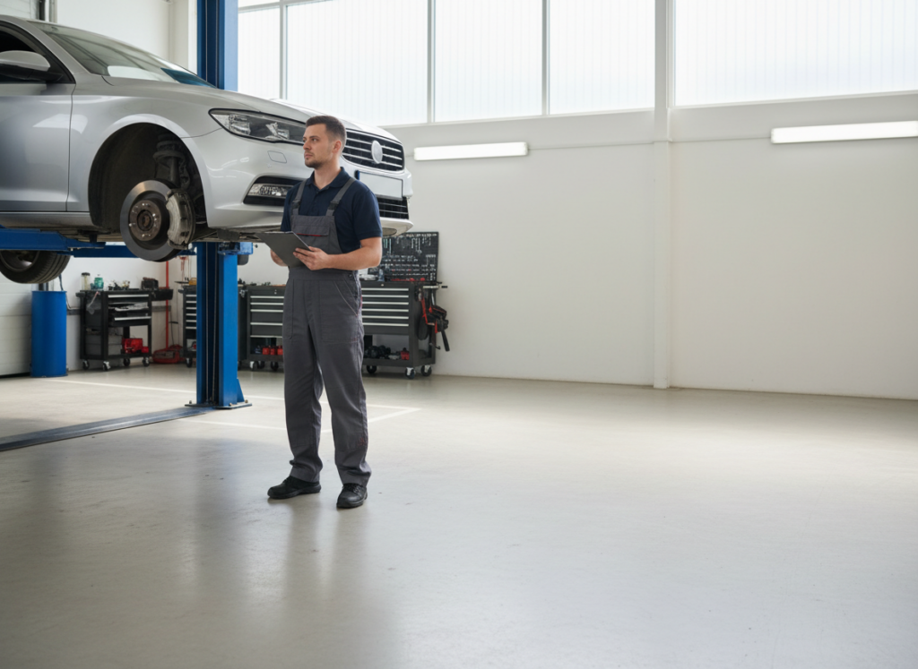 Mechanic in coveralls stands beside a raised car on a lift, holding a clipboard and inspecting parts in a bright workshop