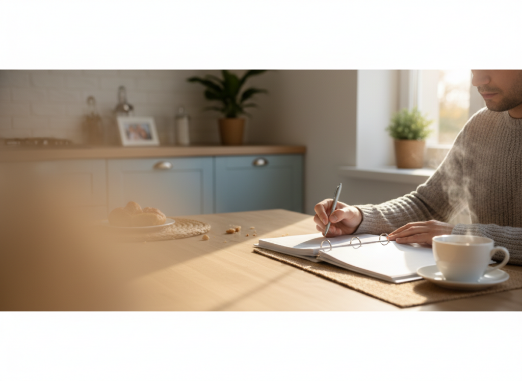 Person writes in a binder on a sunlit kitchen table, with a cup of coffee and a plate of croissants nearby.