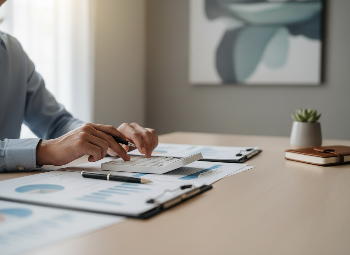 Person calculating finances at a desk with documents, a calculator, and pens, amid charts and a small plant in the background.