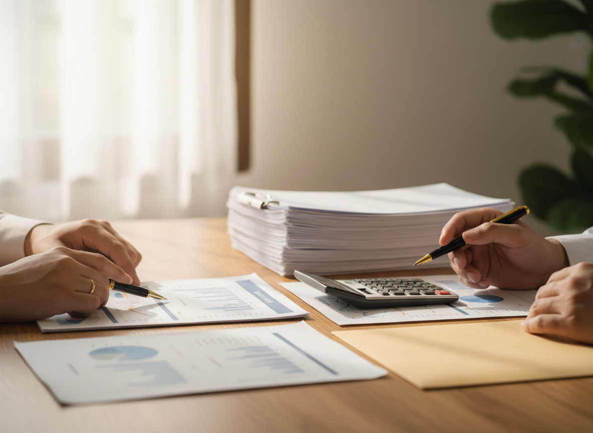 Two people review financial documents on a wooden desk, with charts, a calculator, and a stack of papers nearby.