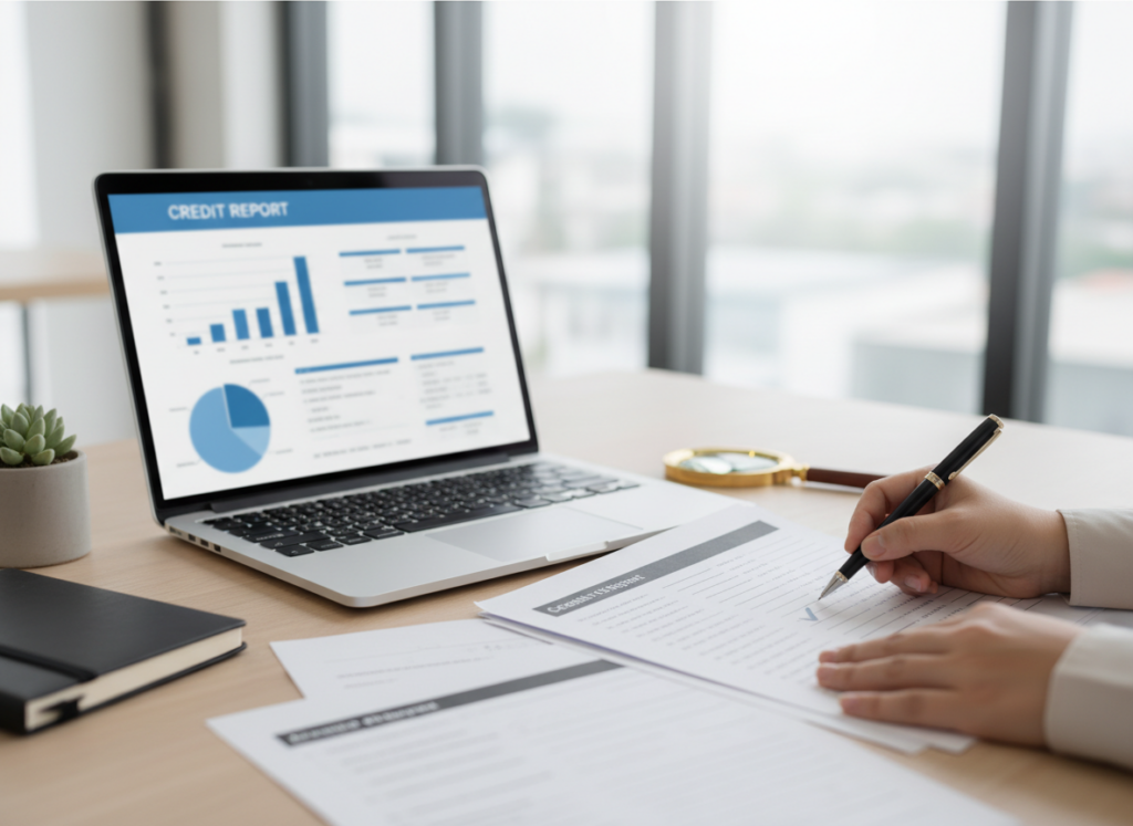 Laptop screen shows a credit report with charts beside a hand signing financial documents at a desk
