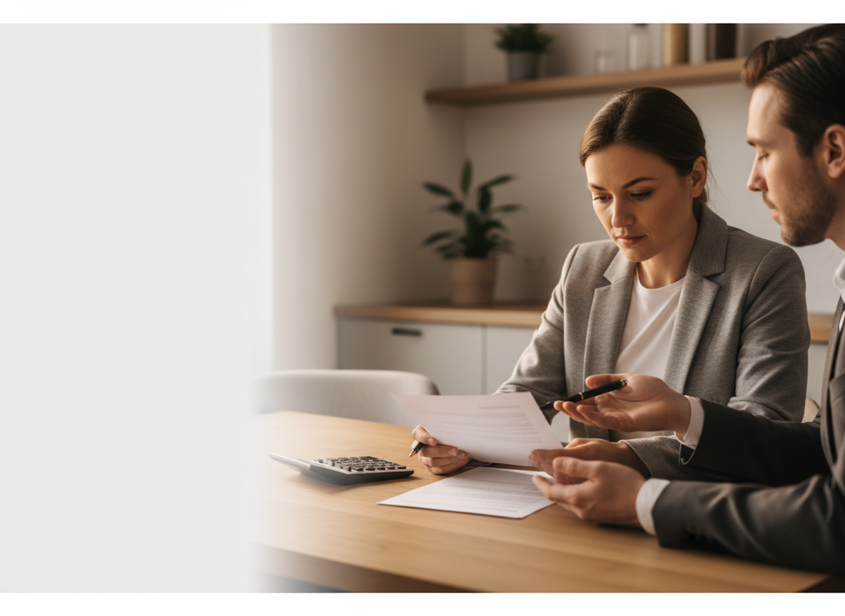 Two colleagues in a modern office review documents at a wooden table, with a calculator nearby.