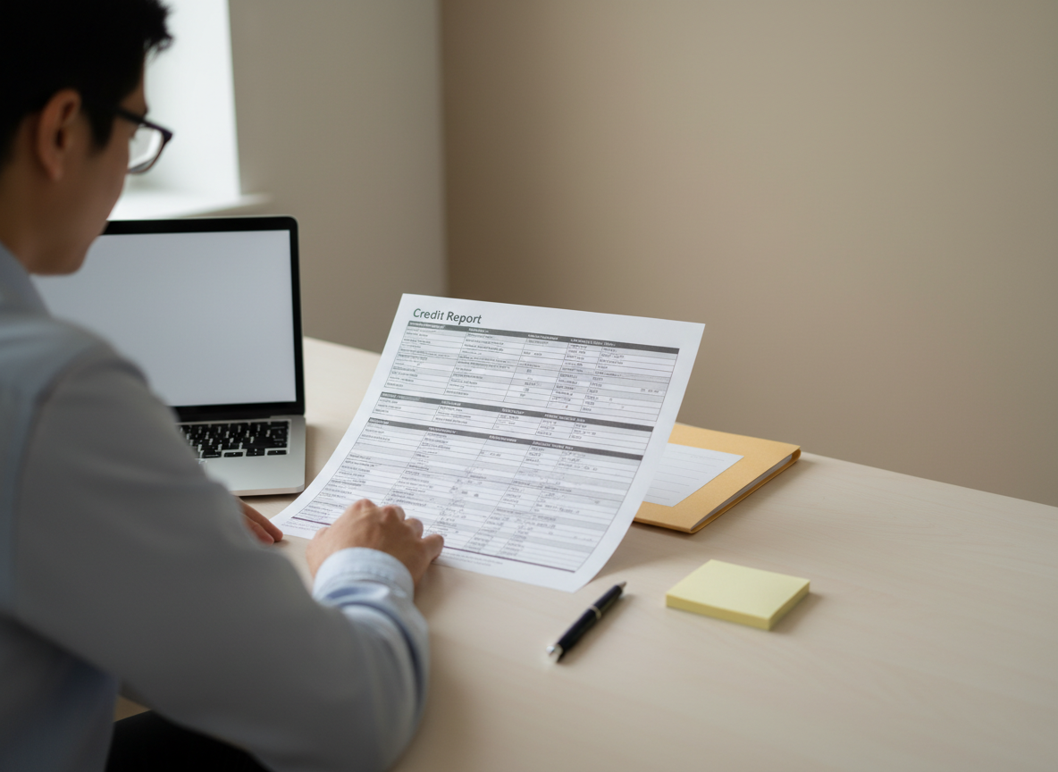 Person reviewing a printed credit report at a desk beside a laptop, with a pen and sticky notes nearby