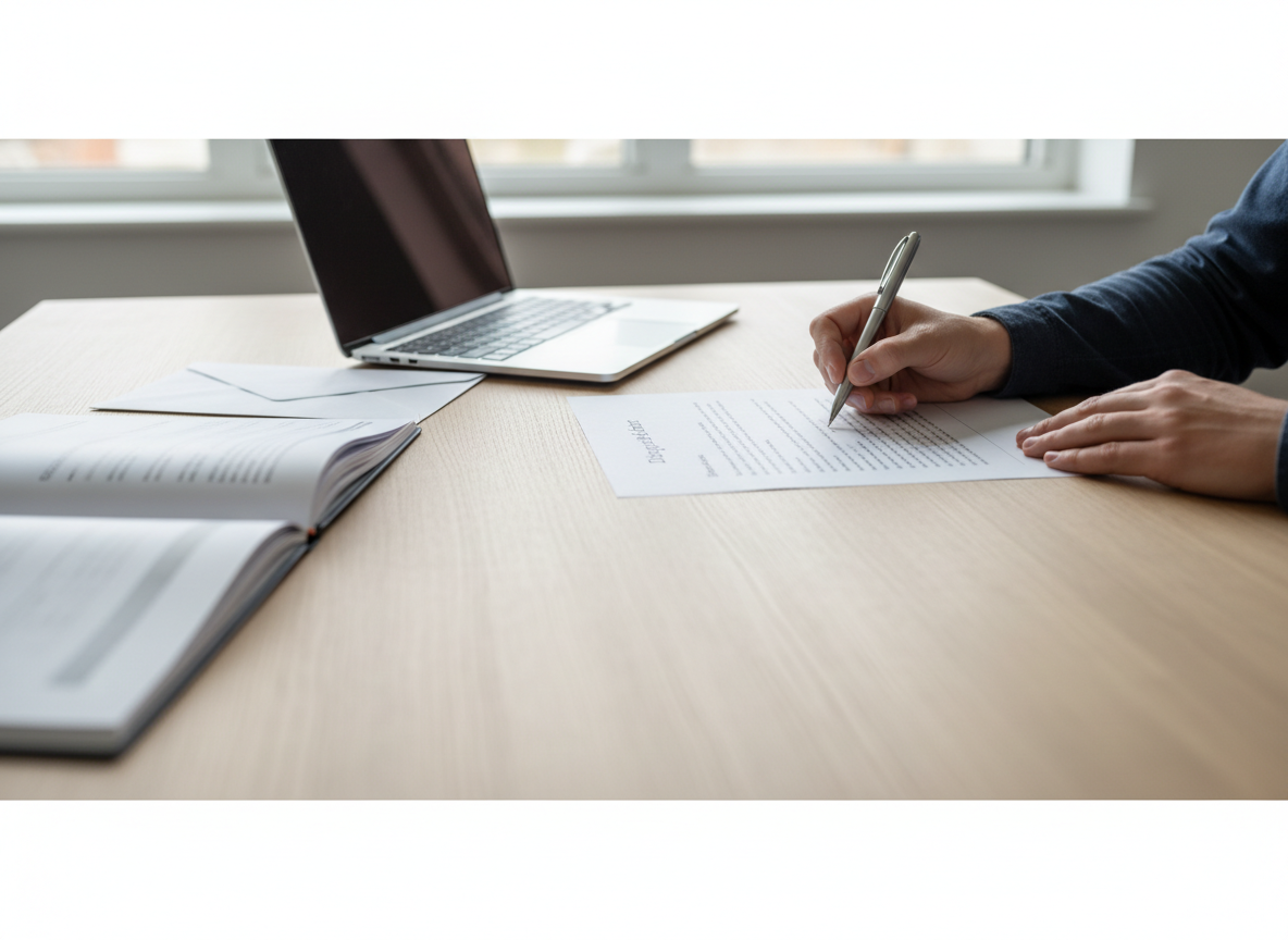 Person signs a document with a pen at a wooden desk, with a laptop and an open notebook nearby.