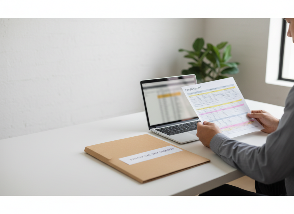 Person in a gray shirt sits at a white desk, reviewing a printed financial report beside an open laptop and a labeled folder.