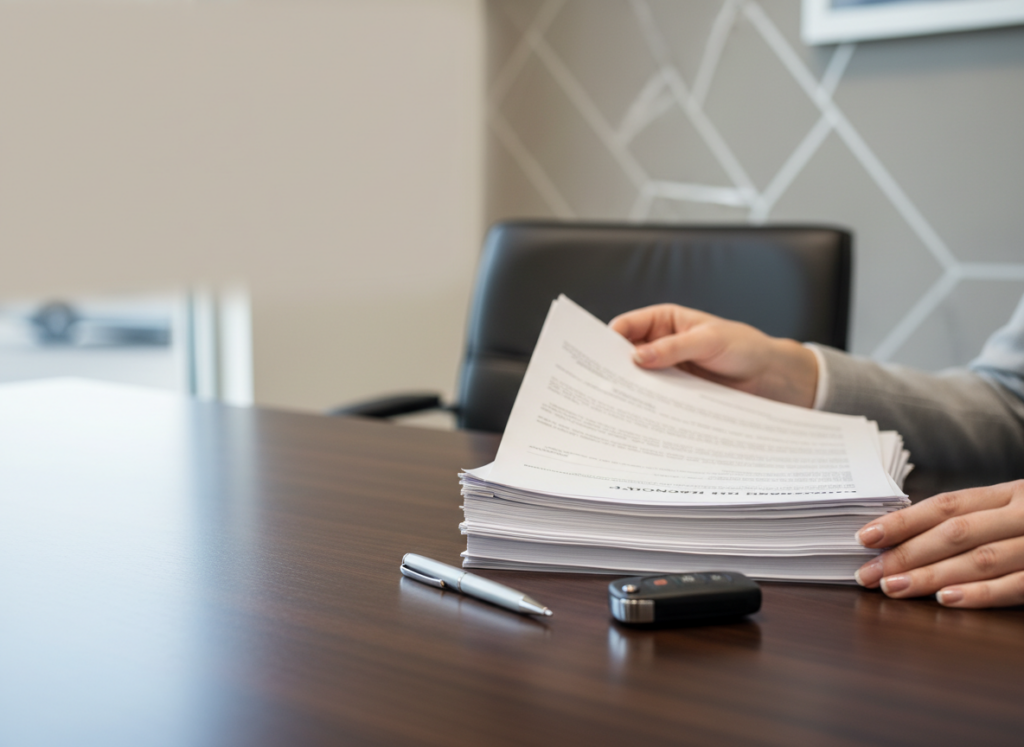 Hands handling a thick stack of papers on a wooden desk, with a pen and a small recording device nearby in an office setting.