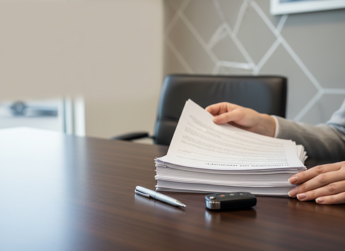 Hands handling a thick stack of papers on a wooden desk, with a pen and a small recording device nearby in an office setting.