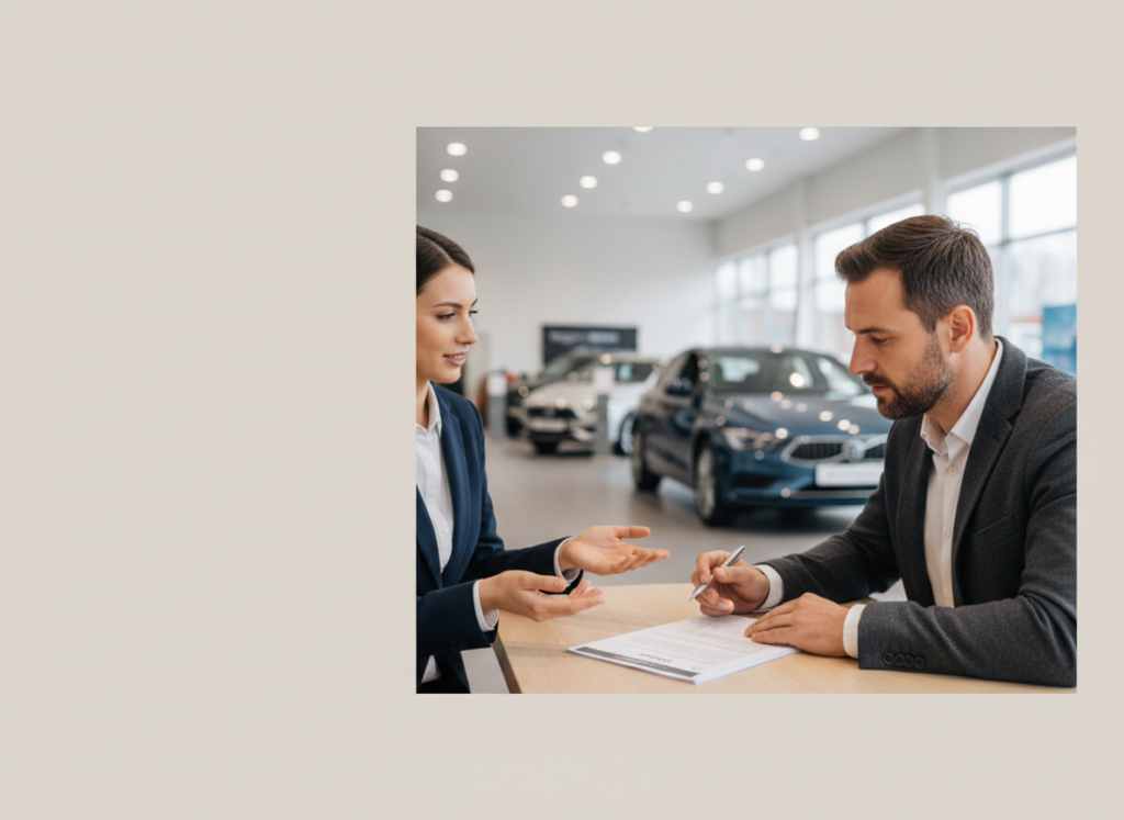 Sales consultant and customer sign a car purchase agreement at a dealership showroom with cars in the background.