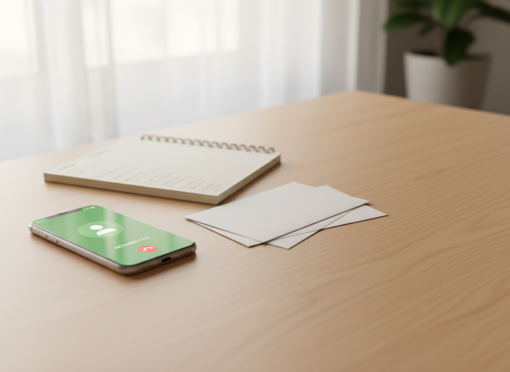 Smartphone on a wooden desk shows an incoming call screen, beside a spiral notebook and several envelopes.