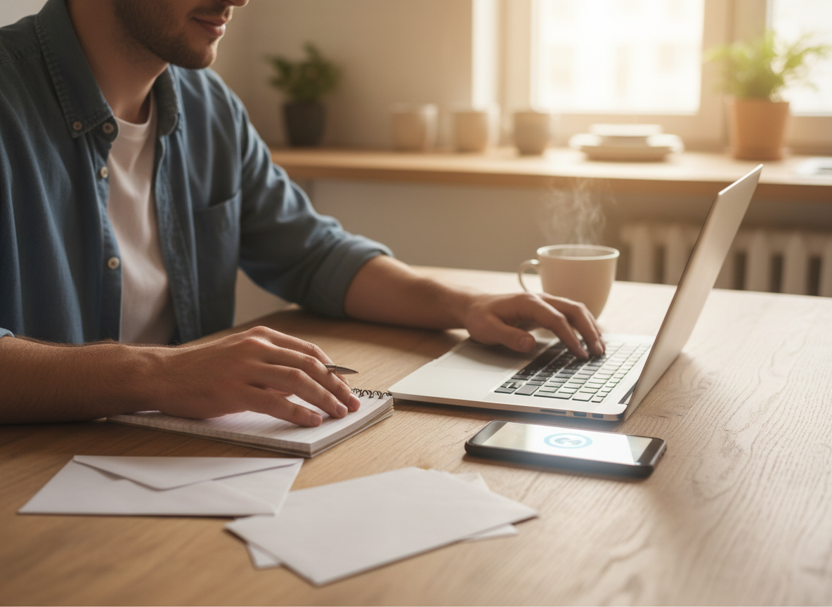 Person working at a wooden desk: typing on a laptop, taking notes, with a phone, papers, and a mug nearby.