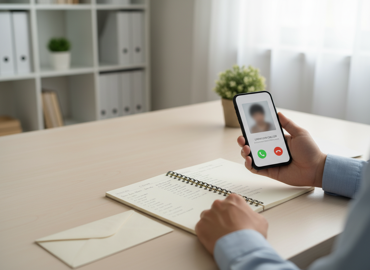 Hand holding a smartphone showing an incoming call screen at a tidy desk with a notebook and plant in the background.
