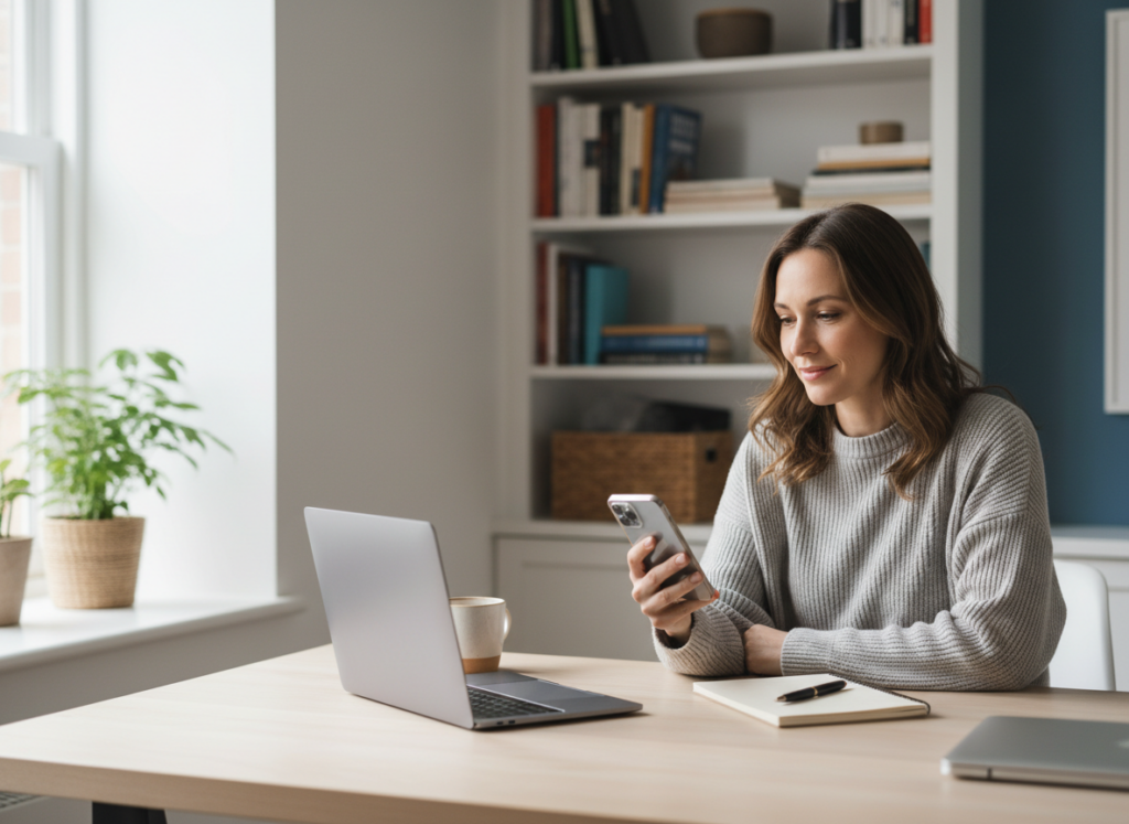 Woman at a wooden desk looks at her smartphone beside an open silver laptop and notebook in a bright home office with plants and bookshelves behind her