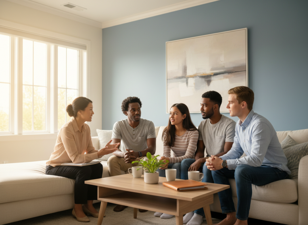 Five people sit on a beige sofa in a bright living room, engaged in a relaxed group discussion around a coffee table with mugs and a plant.