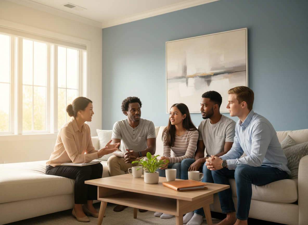 Five people sit on a beige sofa in a bright living room, engaged in a relaxed group discussion around a coffee table with mugs and a plant.