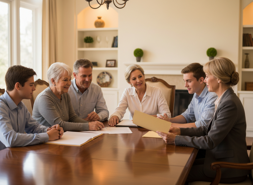 Six people around a wooden table reviewing documents in a bright living room.