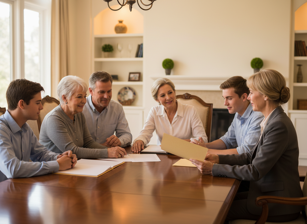 Six people around a wooden table reviewing documents in a bright living room.