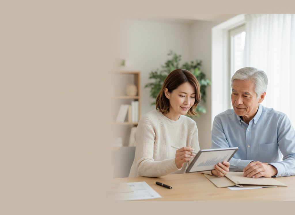 Young woman and older man sit at a table, looking at a tablet displaying charts together in a bright, cozy office.