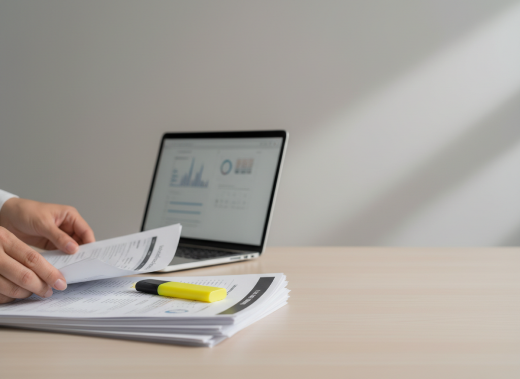 Person's hands flip through documents on a desk, with a laptop showing charts in the background and a yellow highlighter resting on papers.