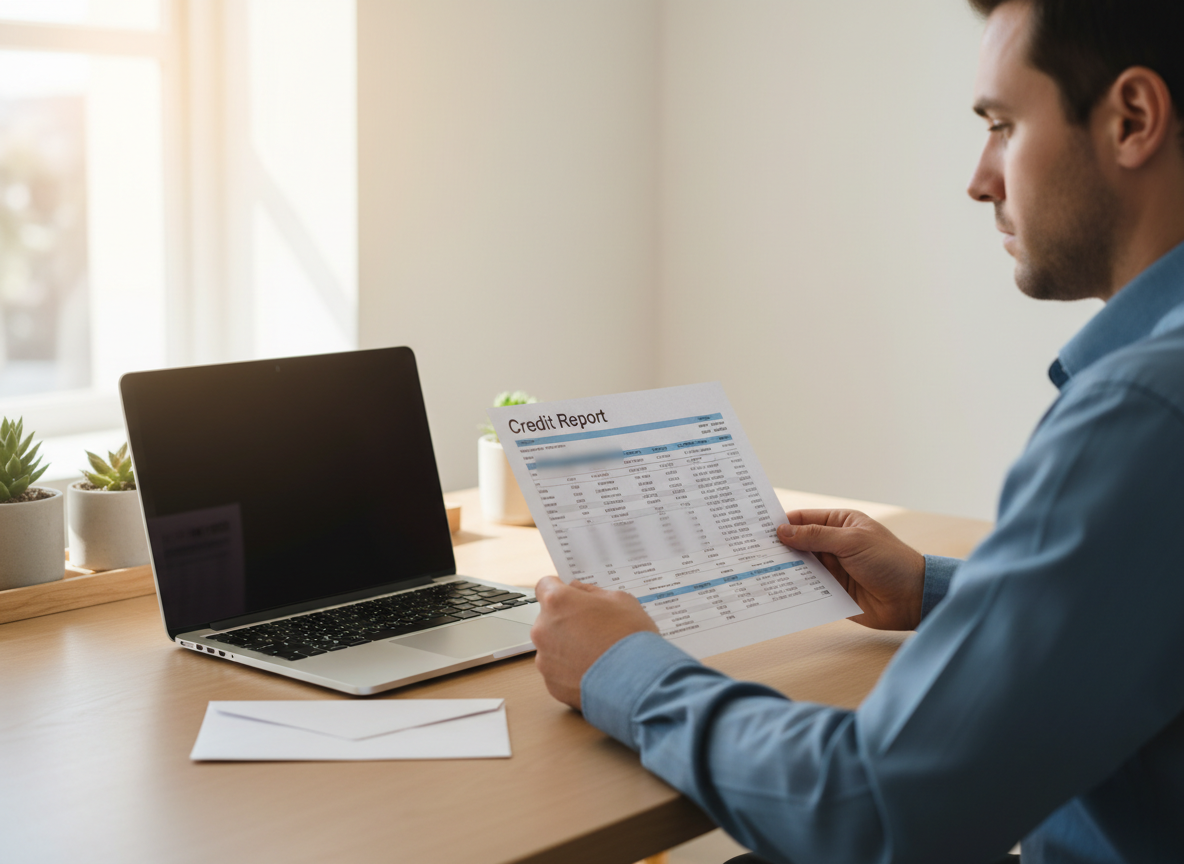 Man in a blue shirt reviews a printed Credit Report document at a tidy desk with a laptop nearby and a small envelope on the desk.