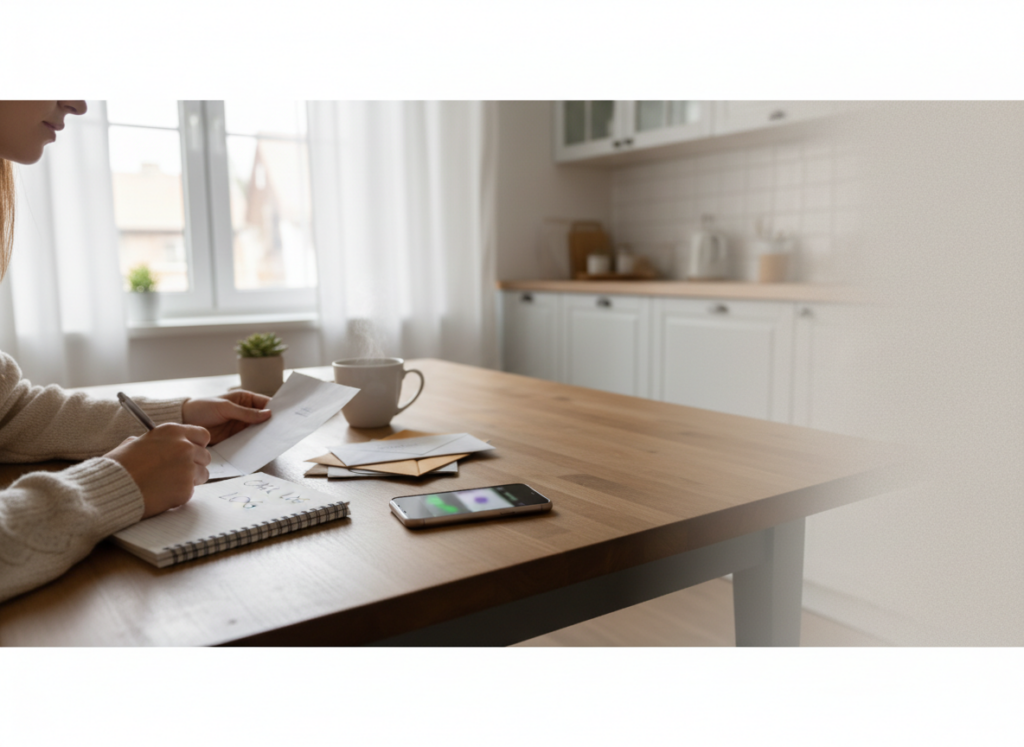 Person writing in a notebook at a sunlit kitchen table with a mug, envelopes, and a smartphone nearby.